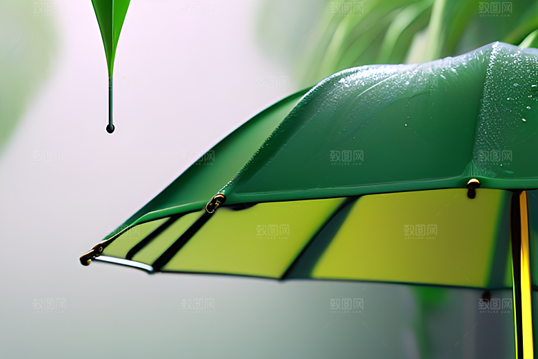 雨中的绿叶背景与黄色雨伞