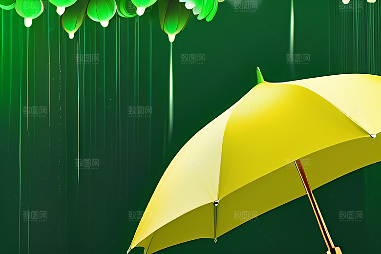 雨中的绿叶背景与黄色雨伞