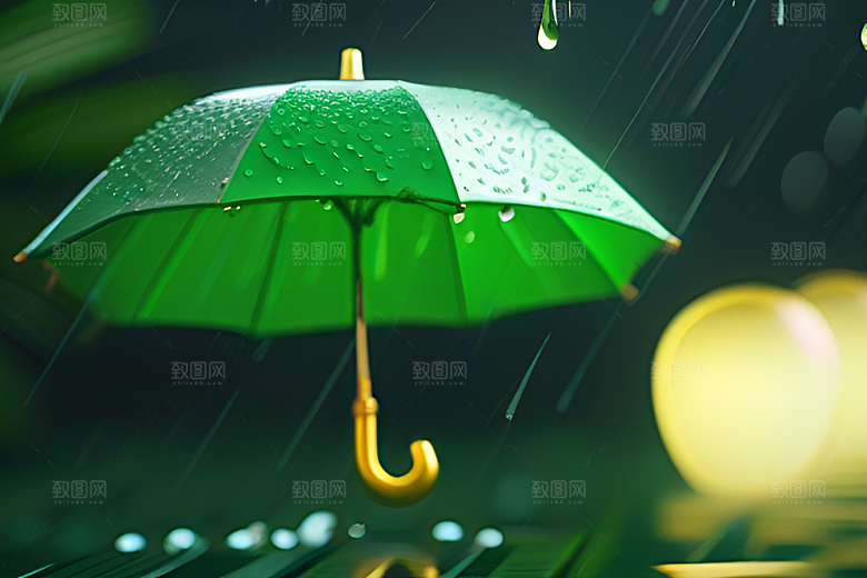 雨中的绿叶背景与黄色雨伞