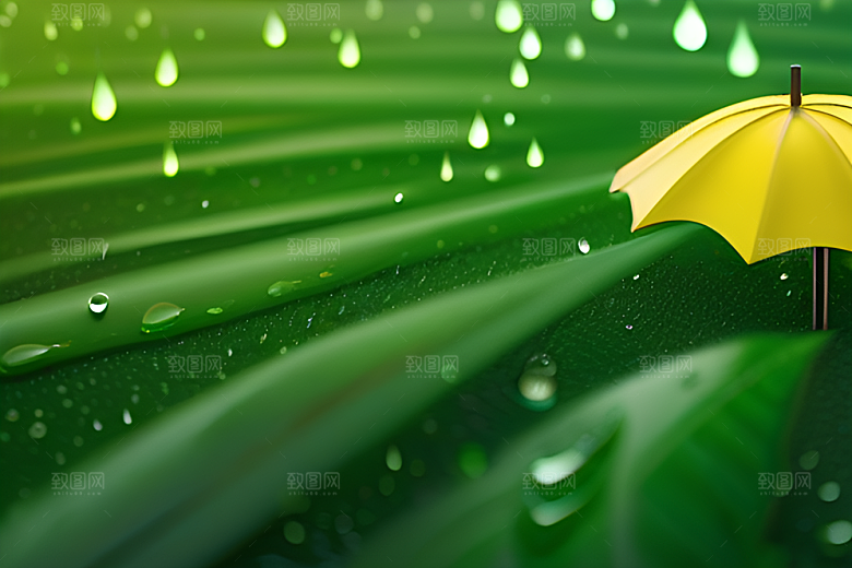 雨中的绿叶背景与黄色雨伞