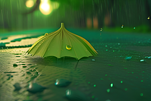 雨中的绿叶背景与黄色雨伞