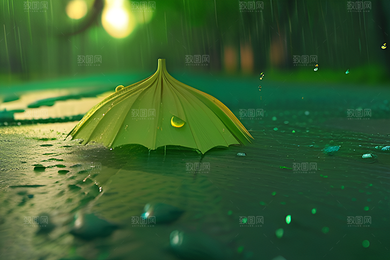 雨中的绿叶背景与黄色雨伞