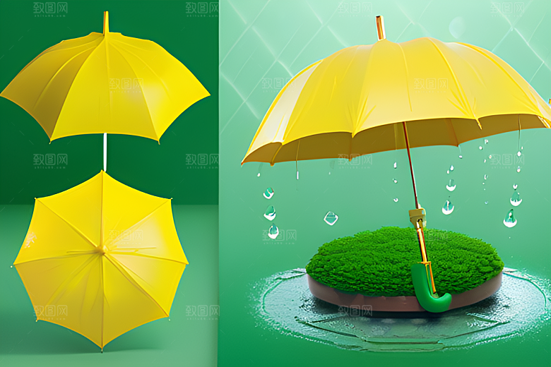 雨中的绿叶背景与黄色雨伞