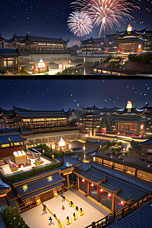 唐朝长安夜空中烟花绽放之美