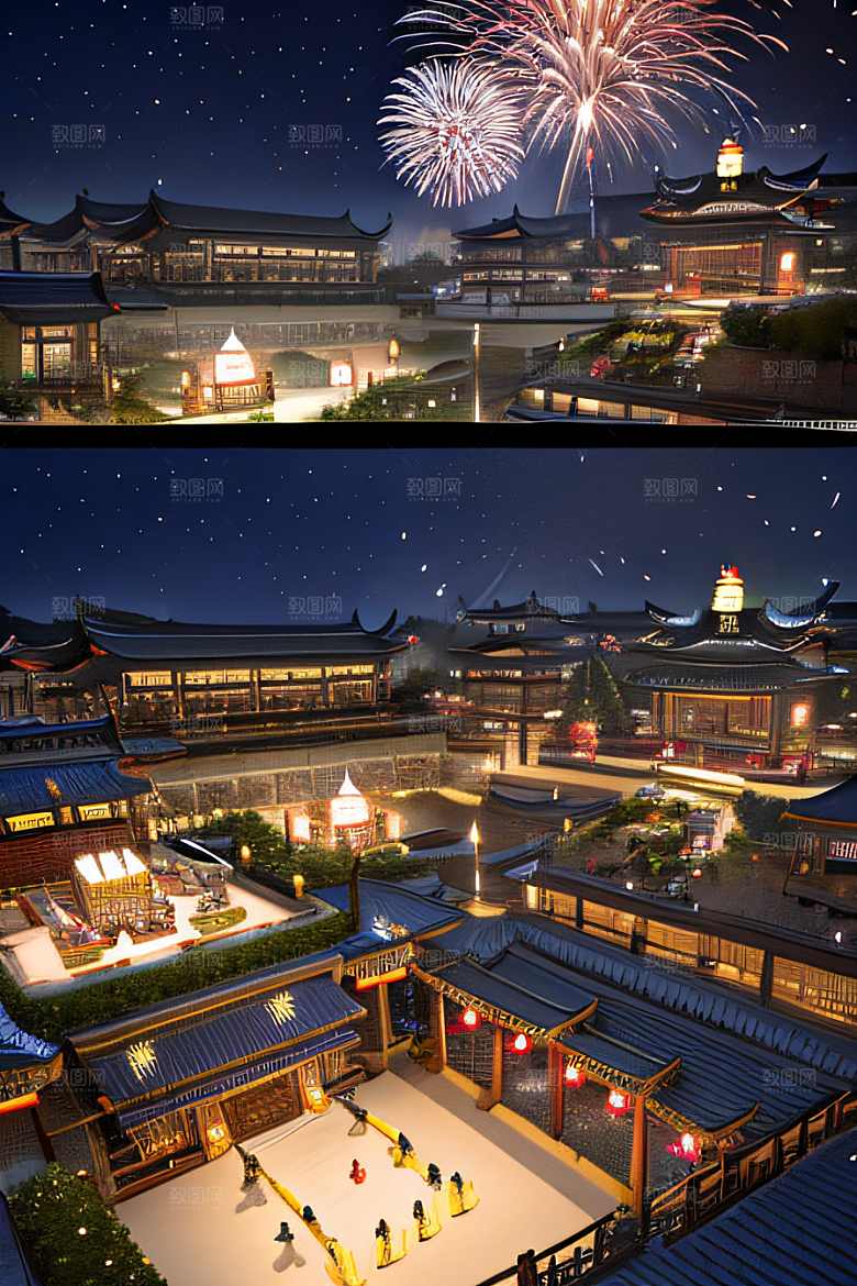 唐朝长安夜空中烟花绽放之美