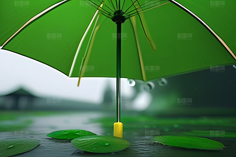 雨中的绿叶背景与黄色雨伞