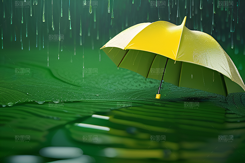 雨中的绿叶背景与黄色雨伞