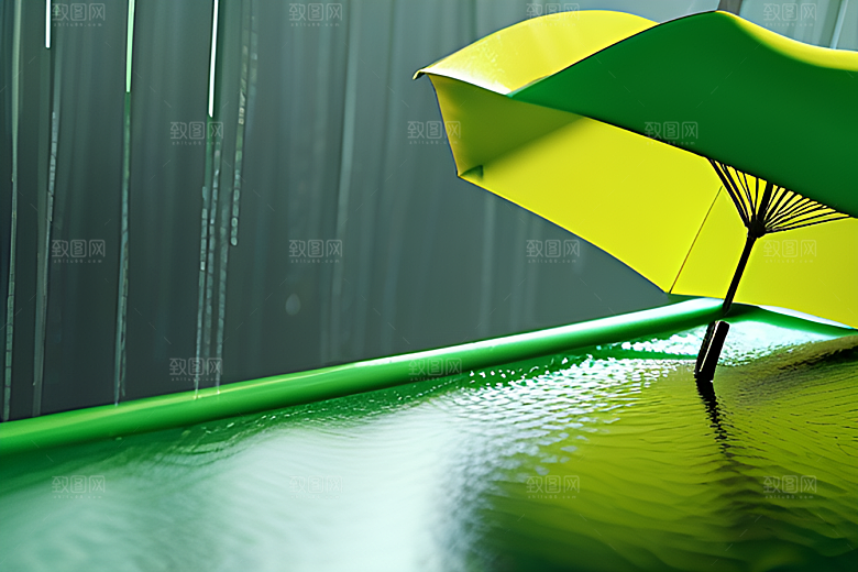 雨中的绿叶背景与黄色雨伞