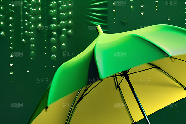 雨中的绿叶背景与黄色雨伞