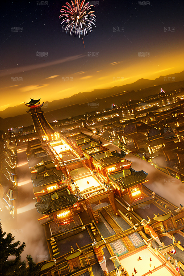 唐朝长安夜空中烟花绽放之美