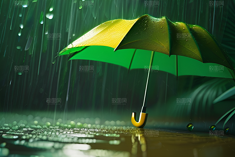 雨中的绿叶背景与黄色雨伞