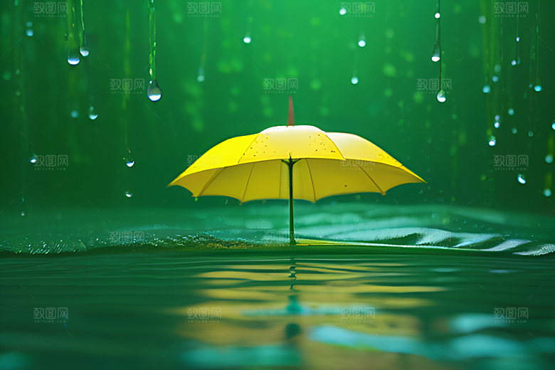 雨中的绿叶背景与黄色雨伞