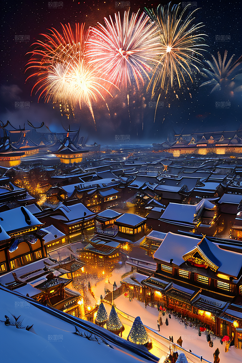 唐朝长安夜空中烟花绽放之美