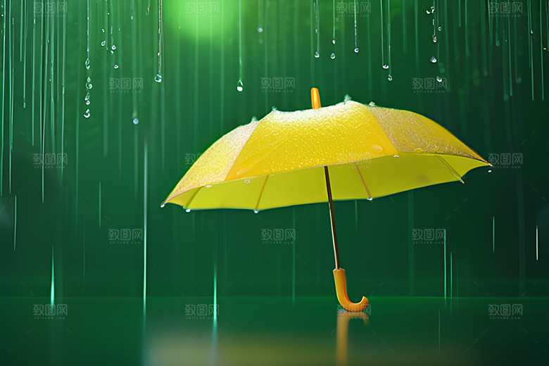 雨中的绿叶背景与黄色雨伞
