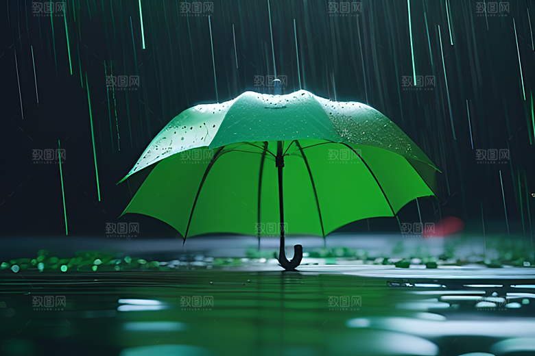 雨中的绿叶背景与黄色雨伞