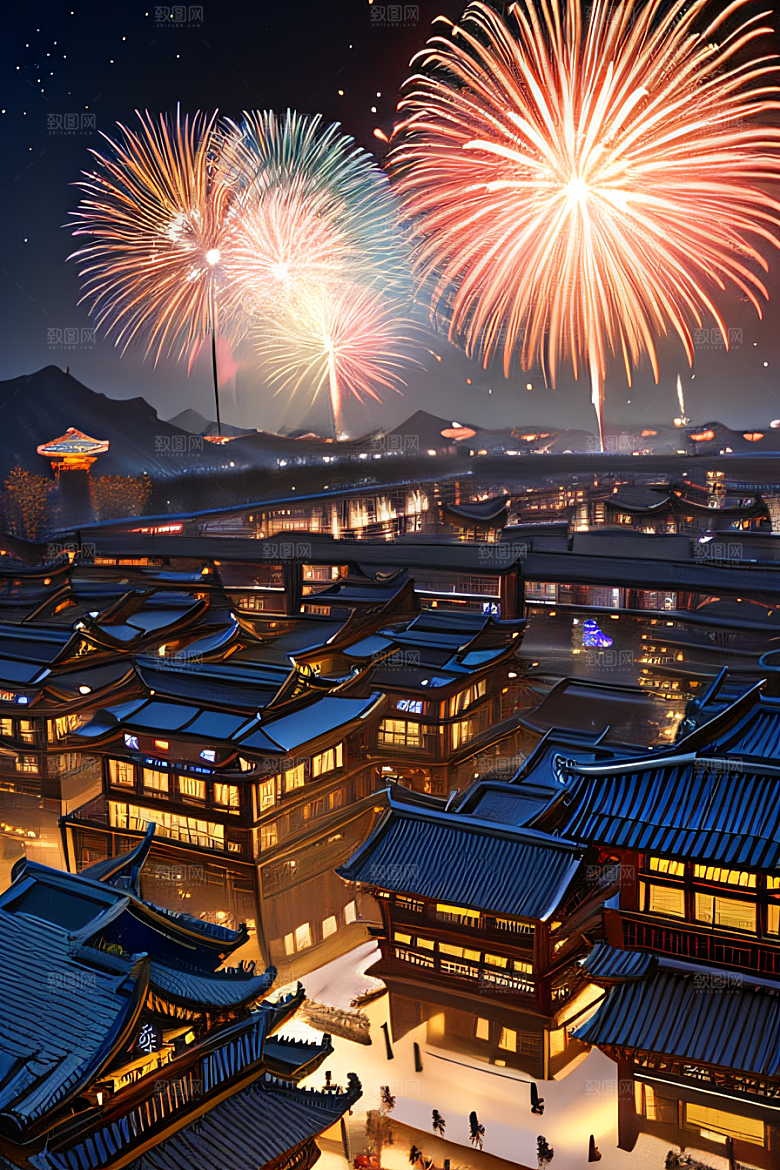 唐朝长安夜空中烟花绽放之美