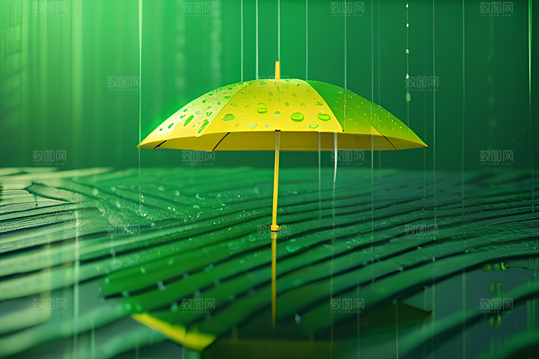雨中的绿叶背景与黄色雨伞