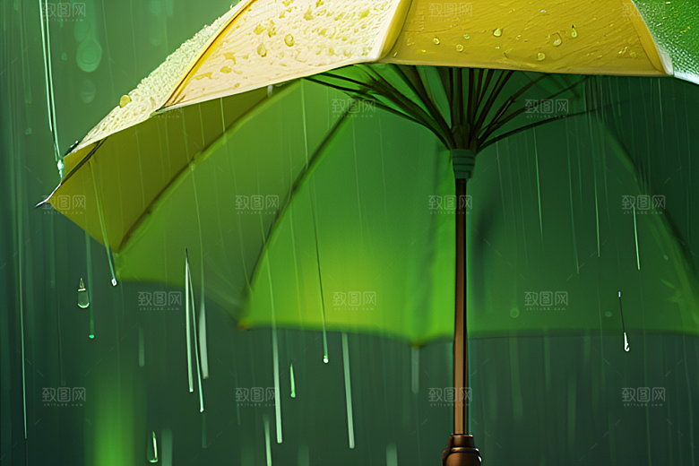 绿色背景下的水滴与黄色雨伞