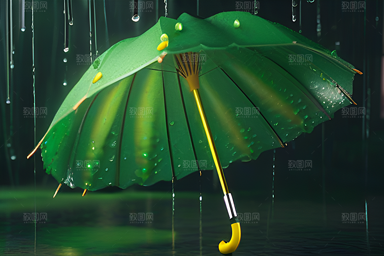 绿色背景下的水滴与黄色雨伞