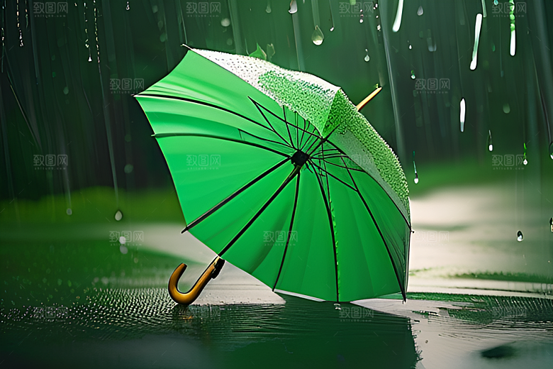 绿色背景下的水滴与黄色雨伞