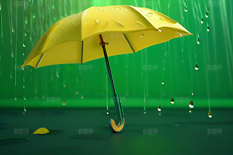 绿色背景下的水滴与黄色雨伞