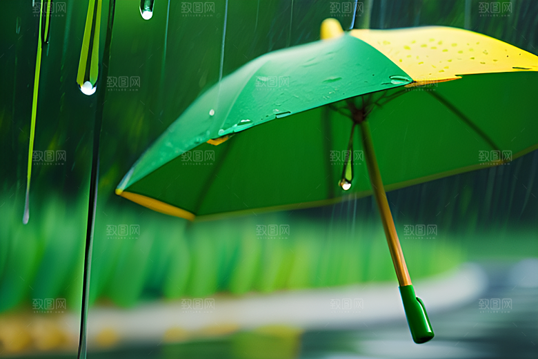 绿色背景下的水滴与黄色雨伞