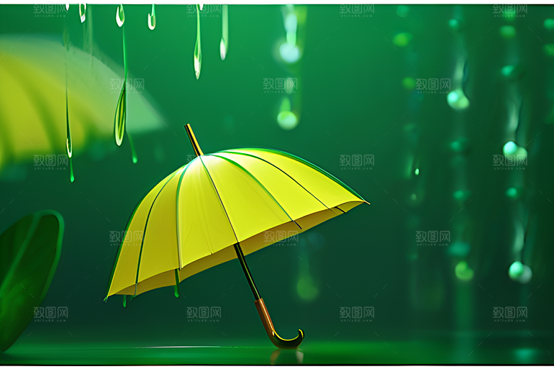 绿色背景下的水滴与黄色雨伞
