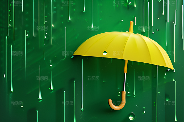 绿色背景下的水滴与黄色雨伞