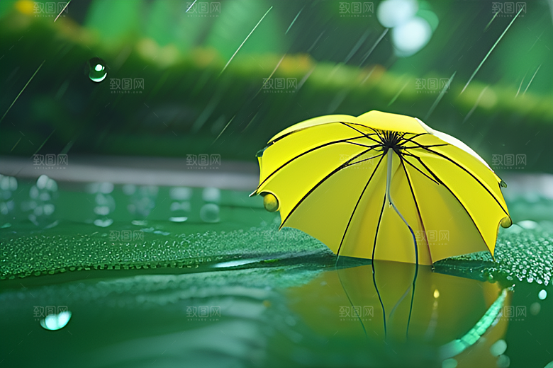 绿色背景下的水滴与黄色雨伞