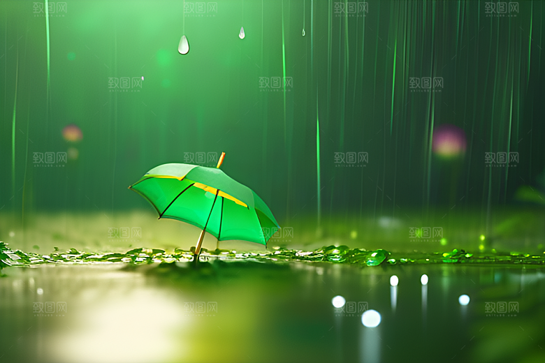 绿色背景下的水滴与黄色雨伞