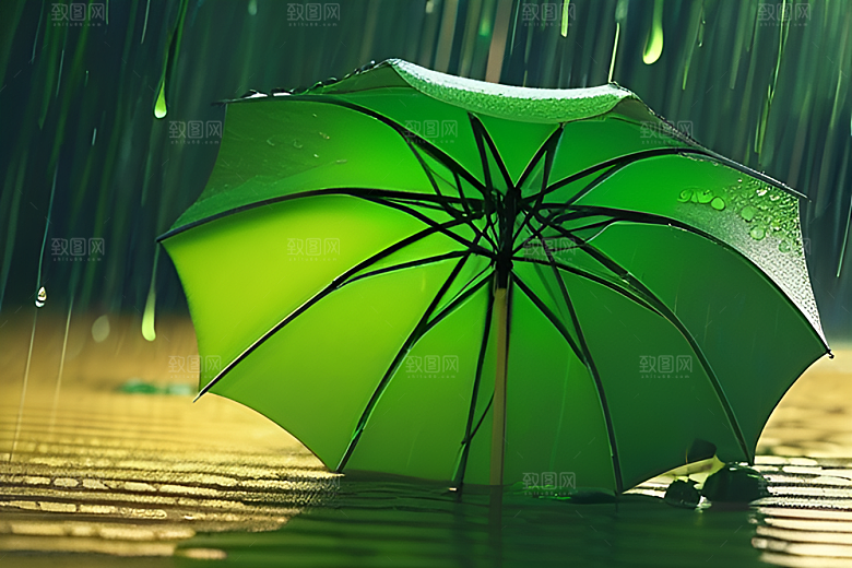 绿色背景下的水滴与黄色雨伞