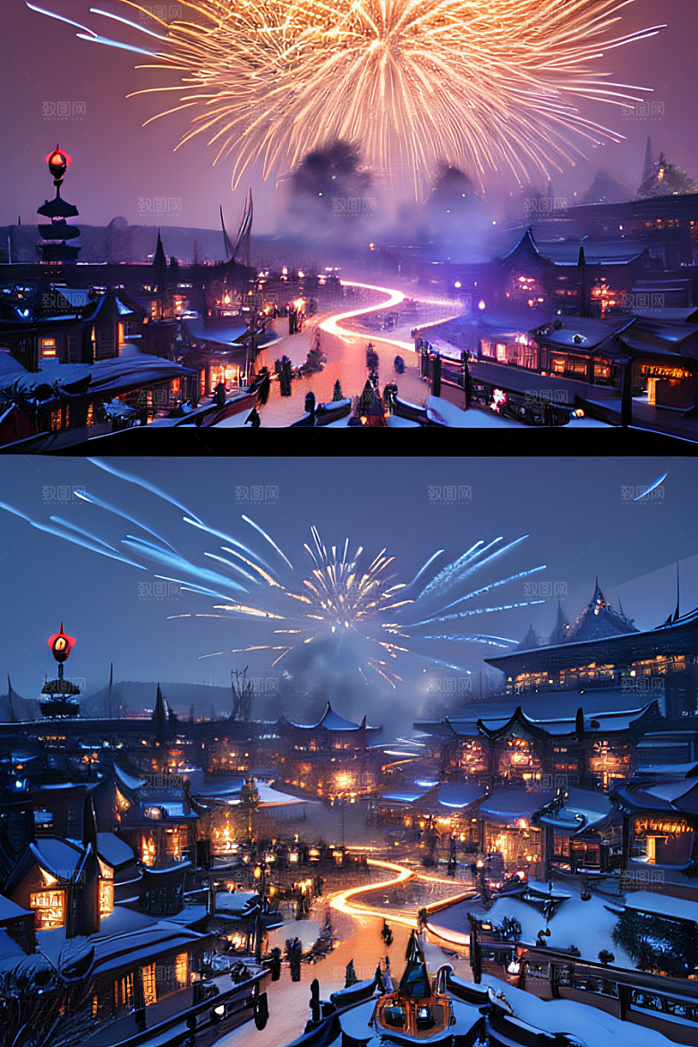 唐朝长安空中烟花与灯光
