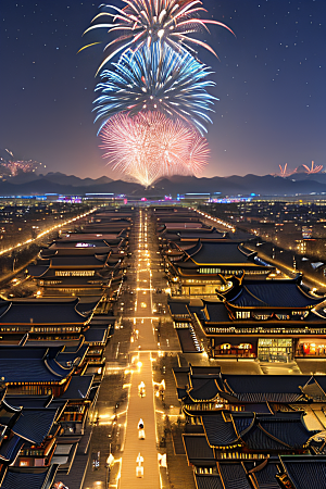唐朝长安空中烟花与灯光
