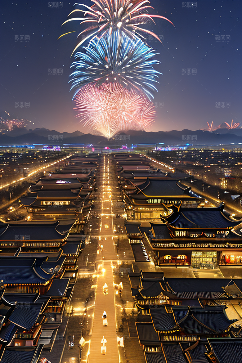 唐朝长安空中烟花与灯光