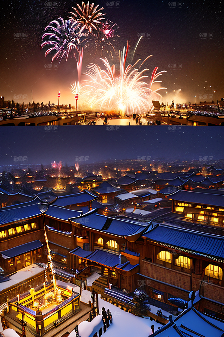 夜幕下的唐朝长安雪景绘画