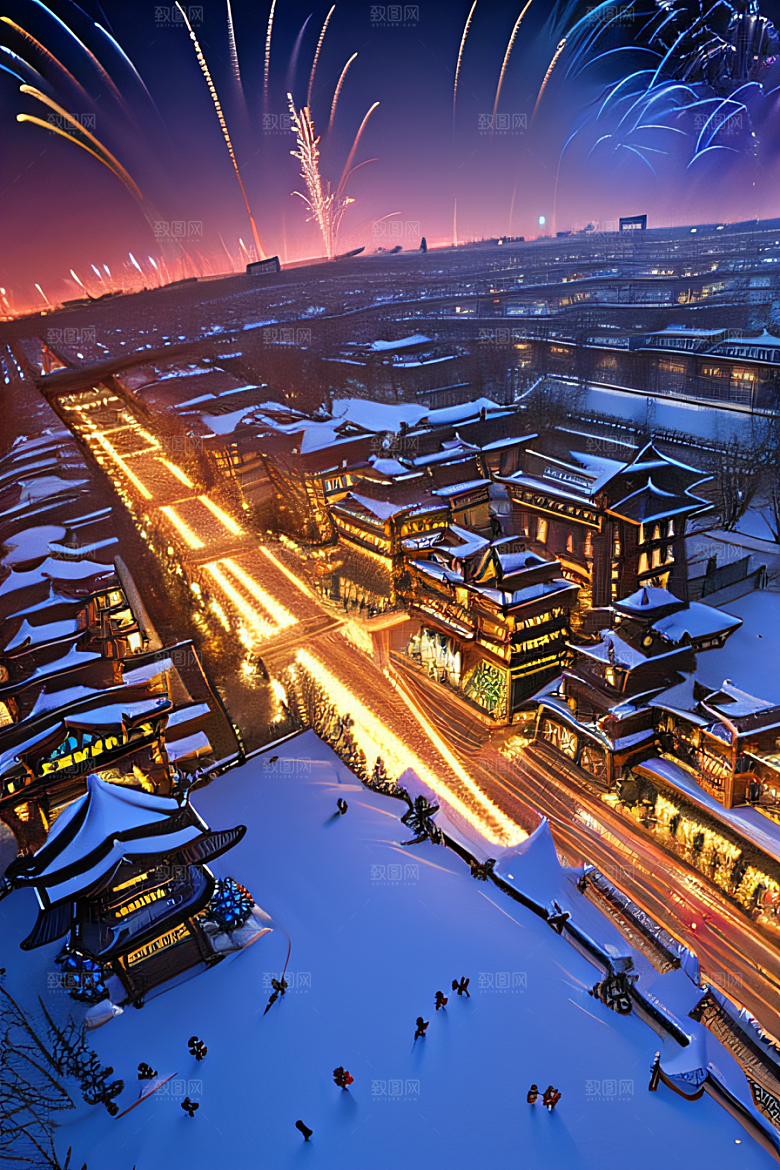 夜幕下的唐朝长安雪景绘画