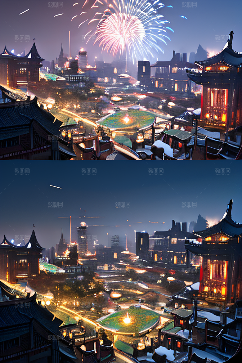 夜幕下的唐朝长安雪景绘画