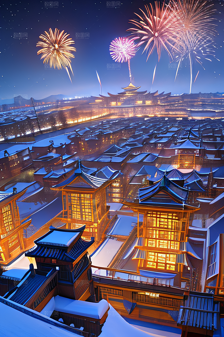 夜幕下的唐朝长安雪景绘画