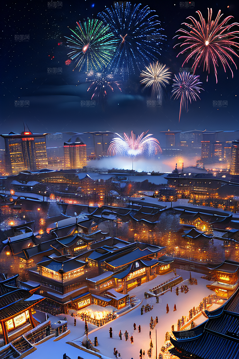 夜幕下的唐朝长安雪景绘画
