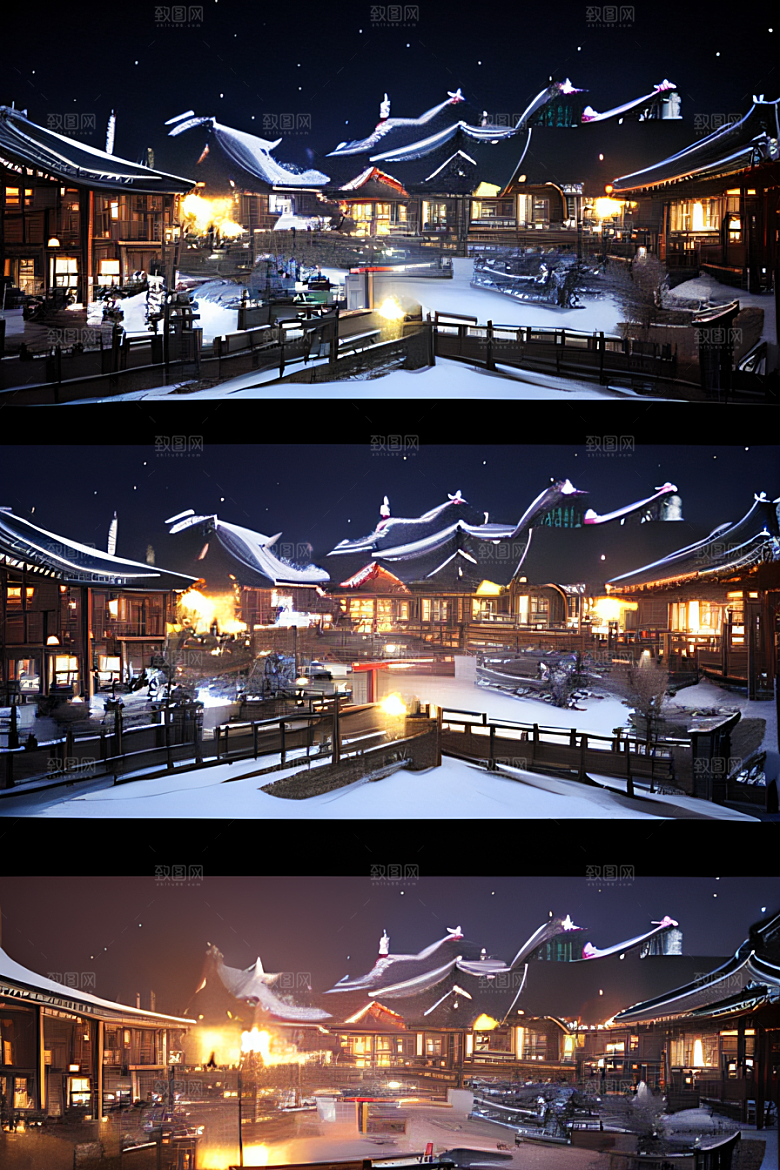 夜幕下的唐朝长安雪景绘画