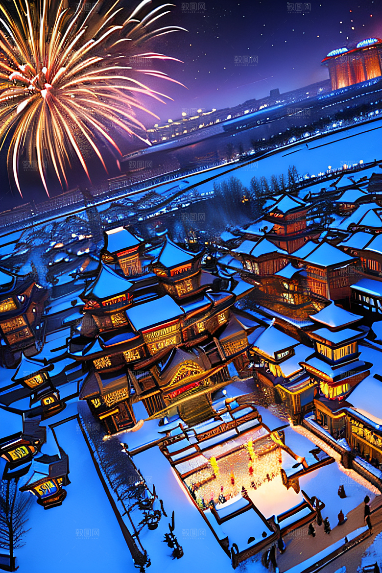 夜幕下的唐朝长安雪景绘画