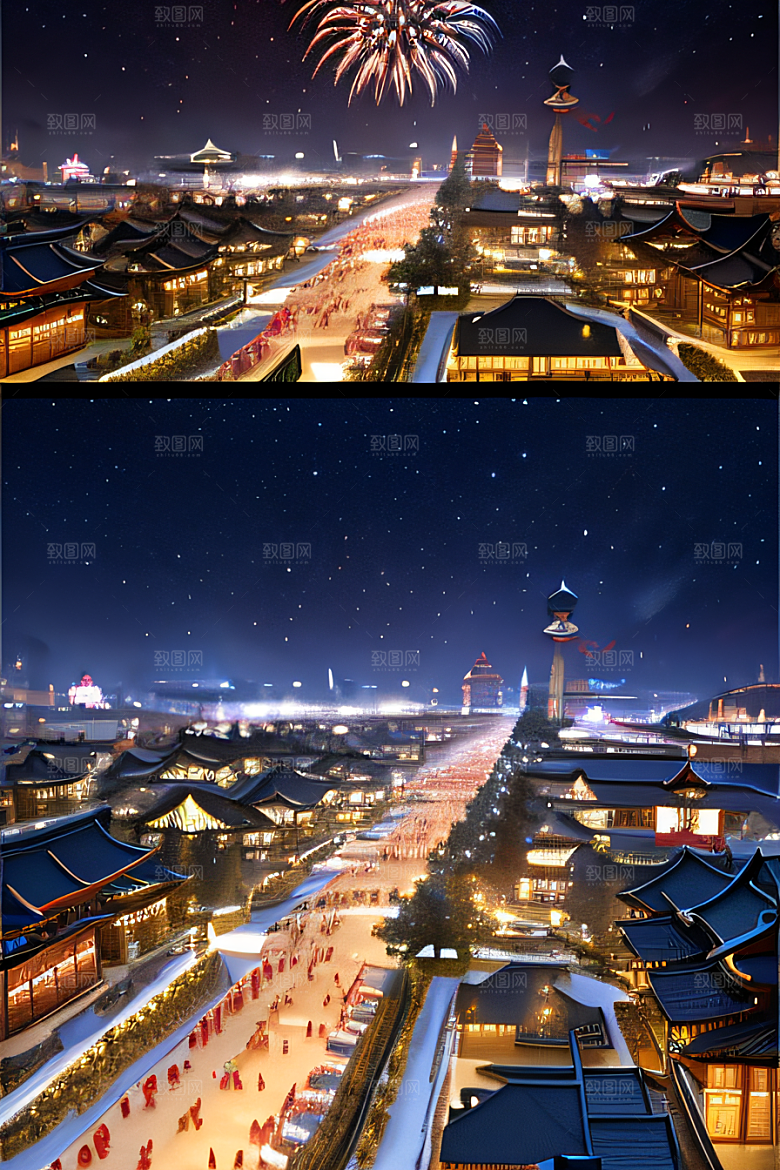夜幕下的唐朝长安雪景绘画