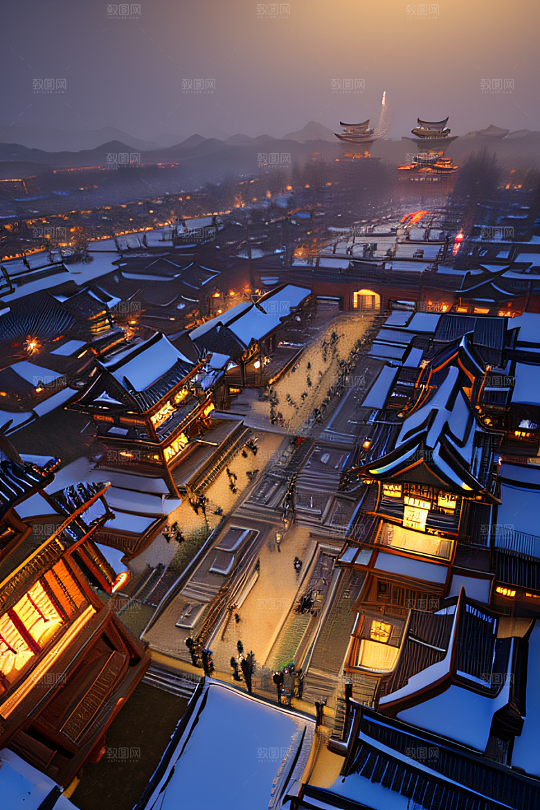 夜幕下的唐朝长安雪景绘画