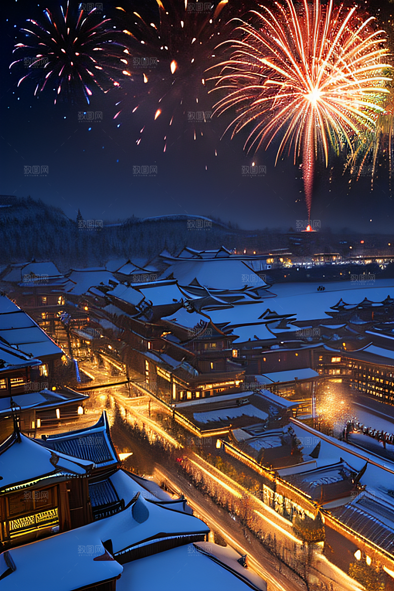 夜幕下的唐朝长安雪景绘画
