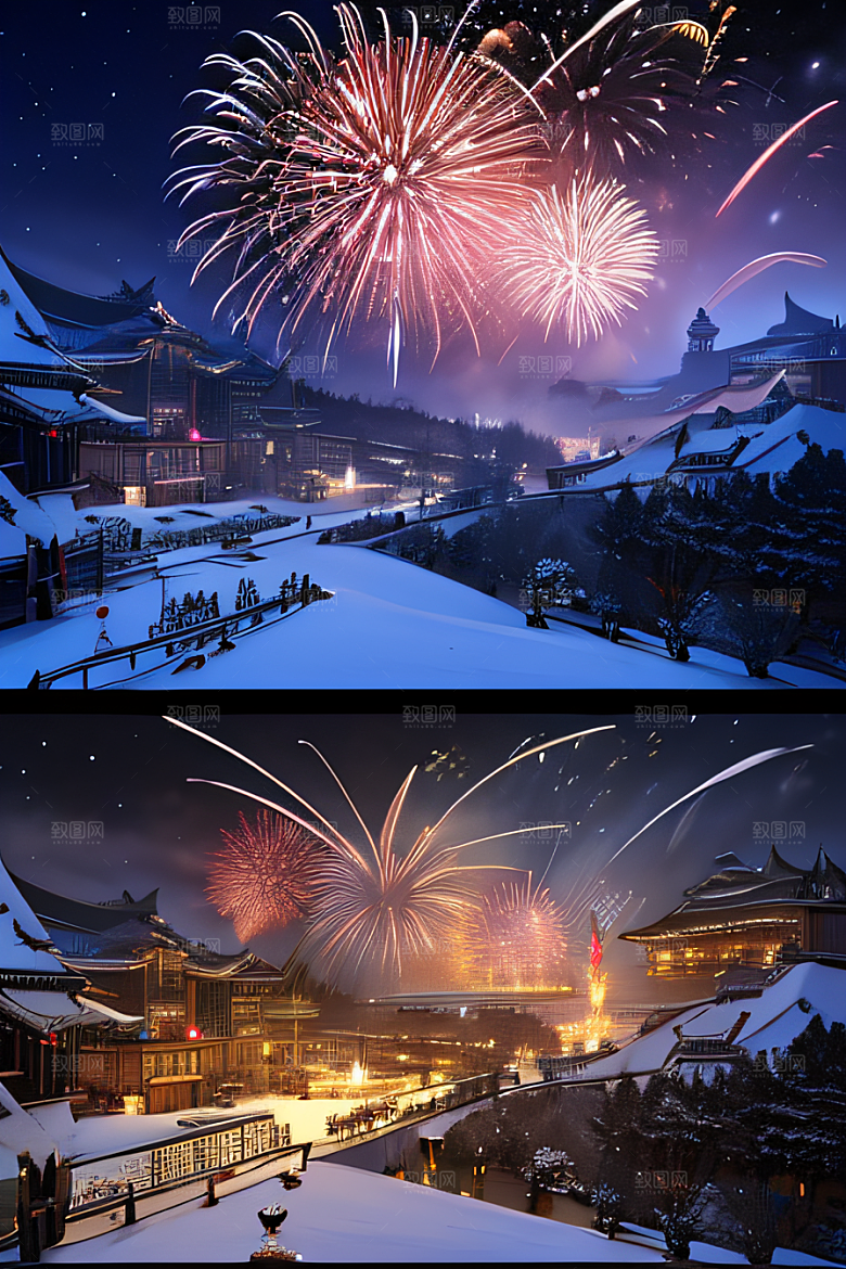 夜幕下的唐朝长安雪景绘画