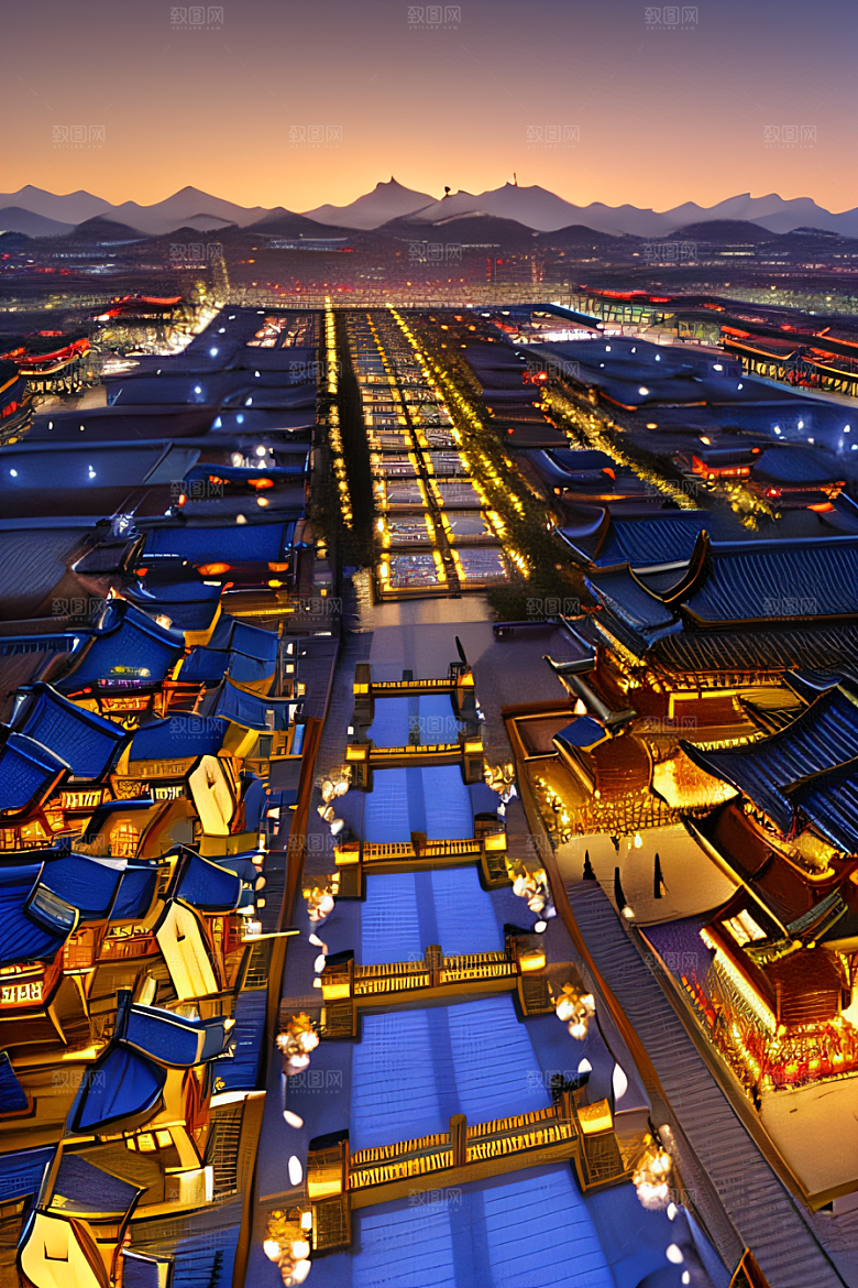 夜幕下的唐朝长安雪景绘画
