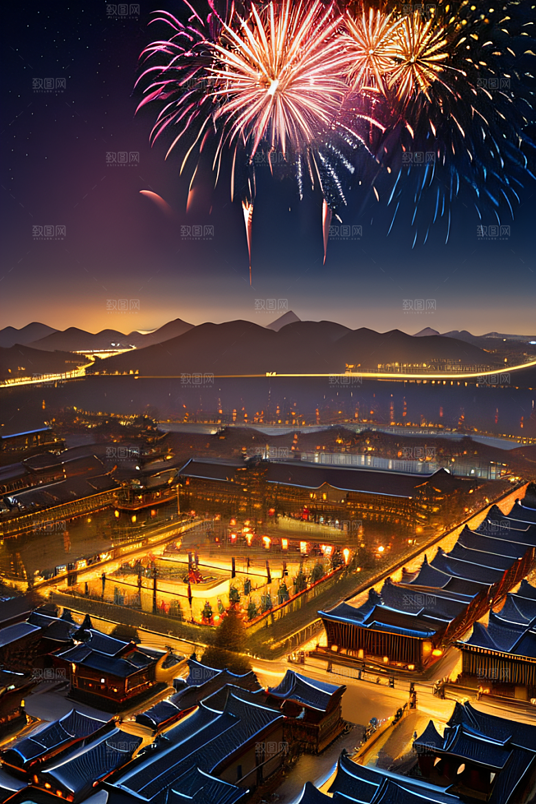 唐朝长安夜空中的烟花绽放