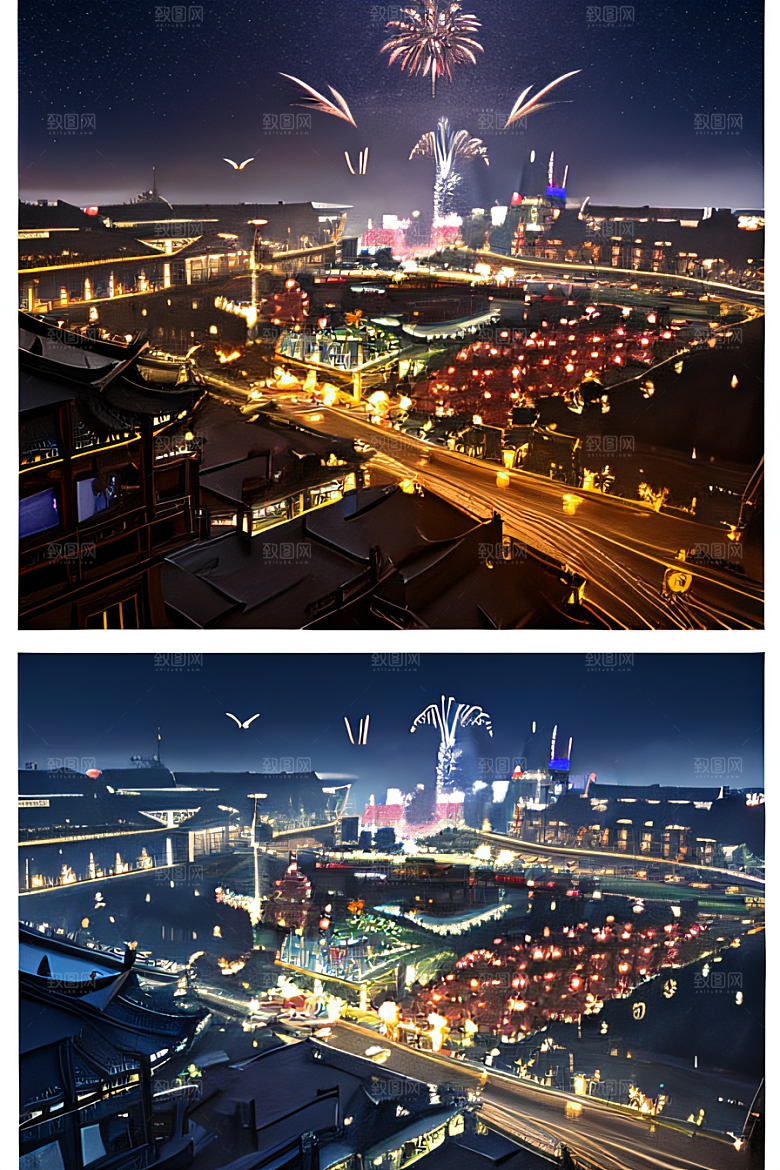 唐朝长安夜空中的烟花绽放