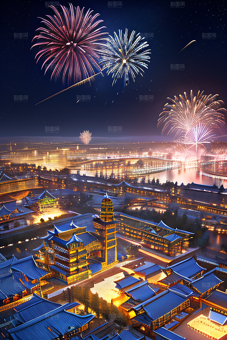 唐朝长安夜空中的烟花绽放