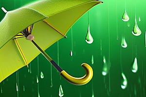 绿色背景中的雨滴与黄色雨伞